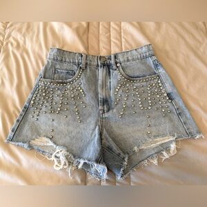 sparkly Blank NYC Blue Jean Shorts with Rhinestone Embellishments